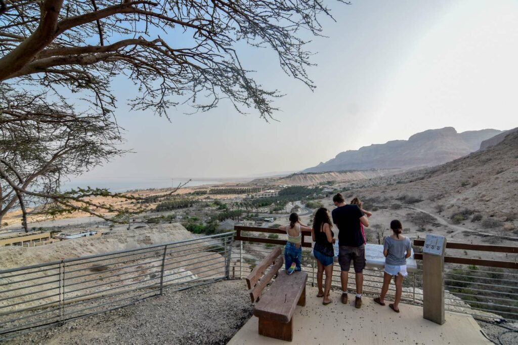 מטיילים משקיפים על הנוף של הרי עין גדי 