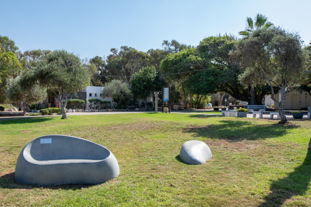 מדשאה בבית ספר שדה אכזיב, ספסלי אבן כשברקע מבנים של הבית ספר 