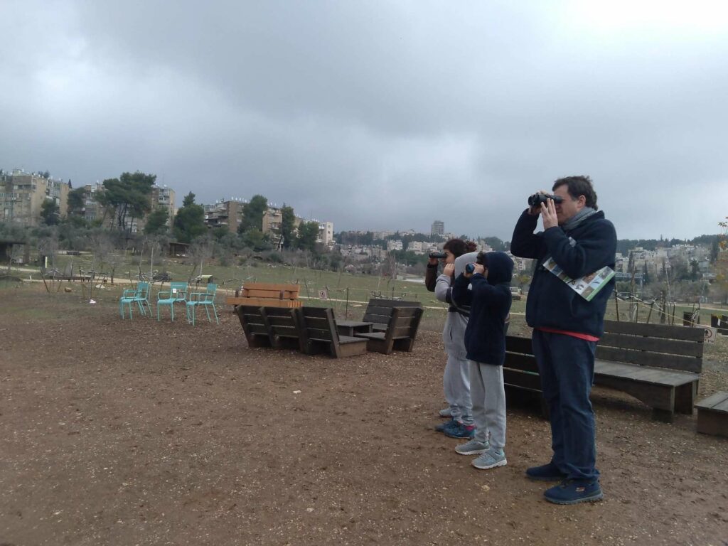 הורה ושלושה ילדים צופים בציפורים דרך משקפת 