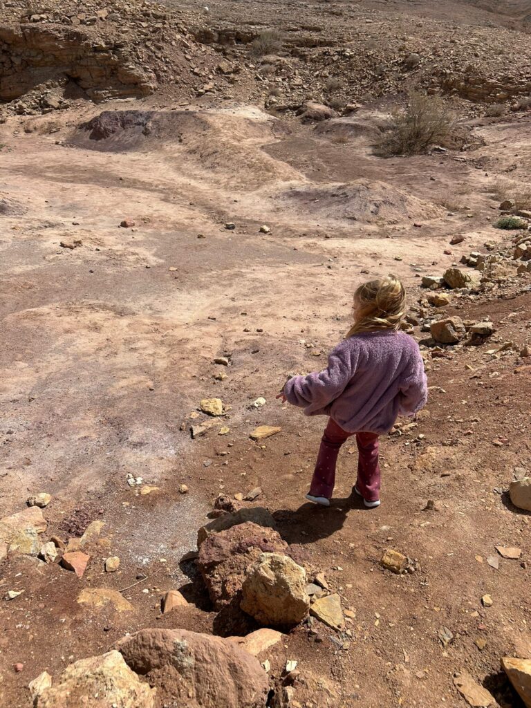 ילדה בגן לאומי צבעי רמון בצילום מהגב אל מול המדבר 