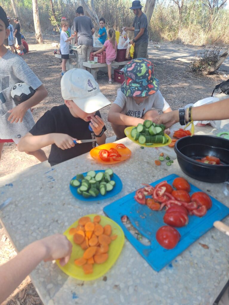 ילדים מכינים ארוחה בטבע בקייטנת קיץ של בית ספר שדה חוף כרמל 