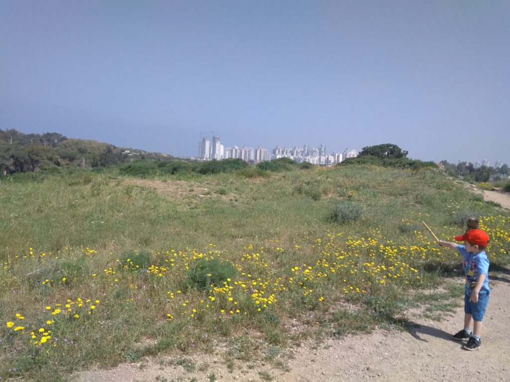 צילום של ילדים בשמורת שער פולג ביקום ליד פריחה 