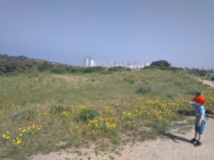 צילום של ילדים בשמורת שער פולג ביקום ליד פריחה