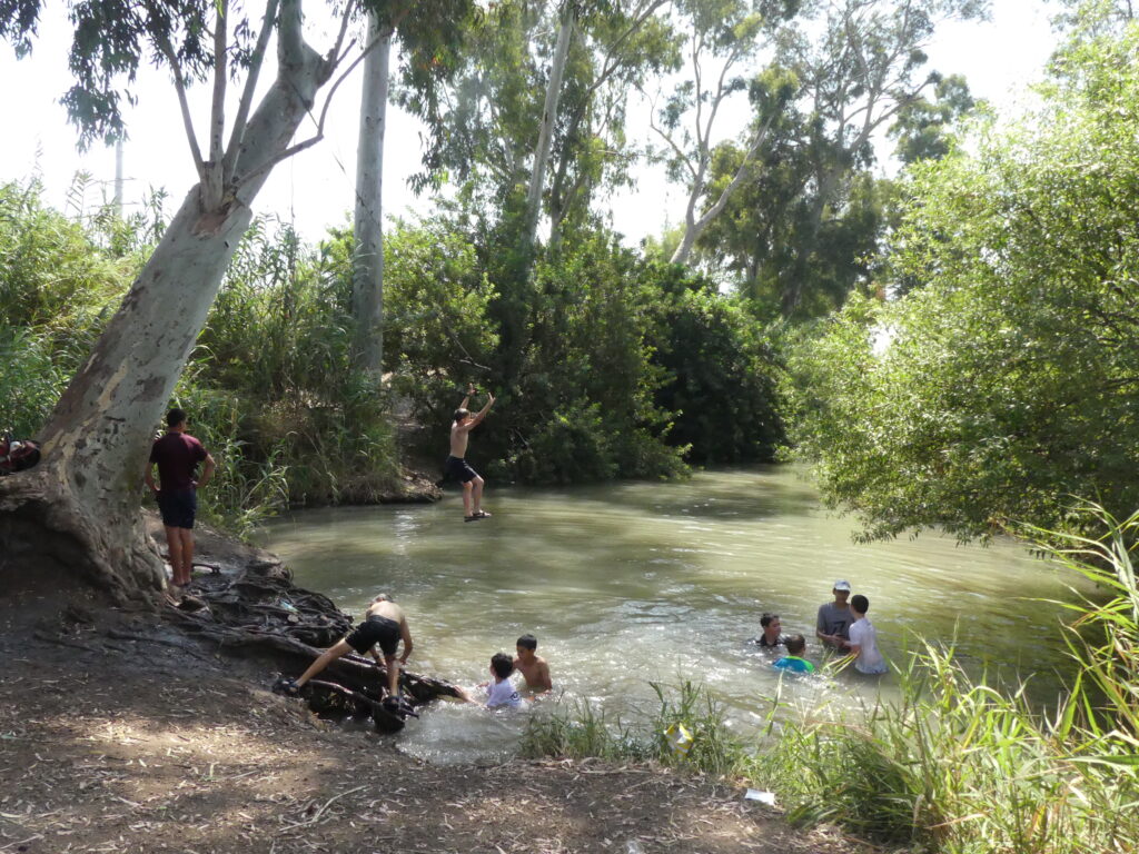 מטיילים קופצים ורוחצים בנחל הירקון ליד בית לאה 