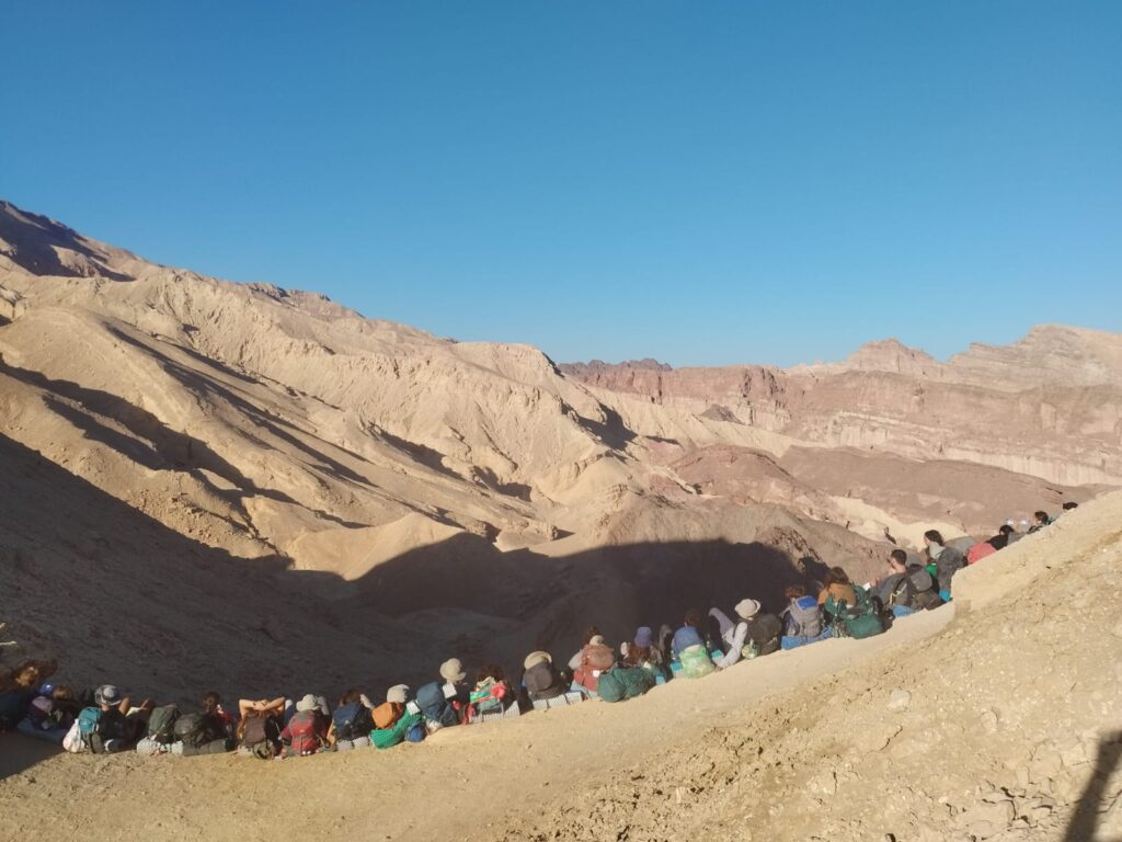 תמונה מהגב של מטיילים עם תרמילים על הגב על מצוק במדבר 