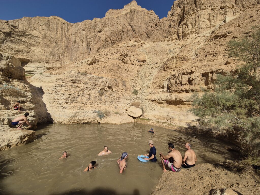 מתרחצים בנחל אשלים וברקע מצוקים 