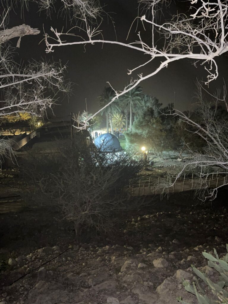 צילום מרחוק של הפלנטריום הקטן והמתקדם שלנו בין הצמחיה בפסטיבל ים המלח 2030 בעין גדי 